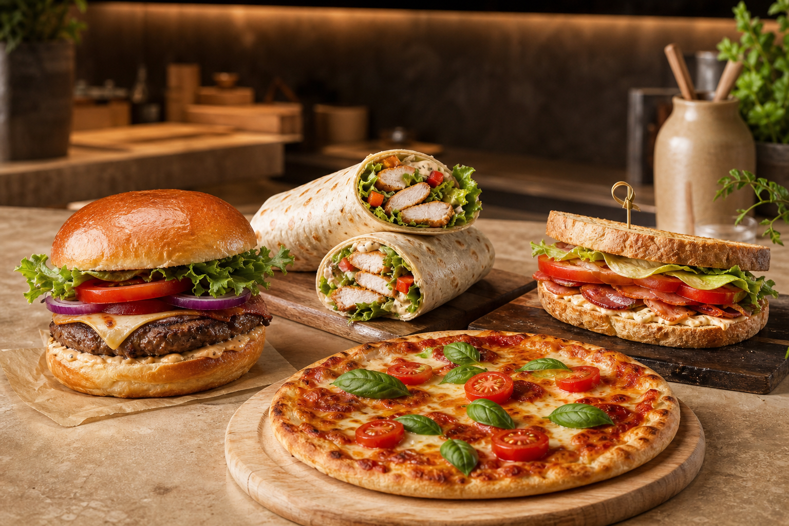 Burger, tacos, sandwich et pizza servis par FADI'S CAKE