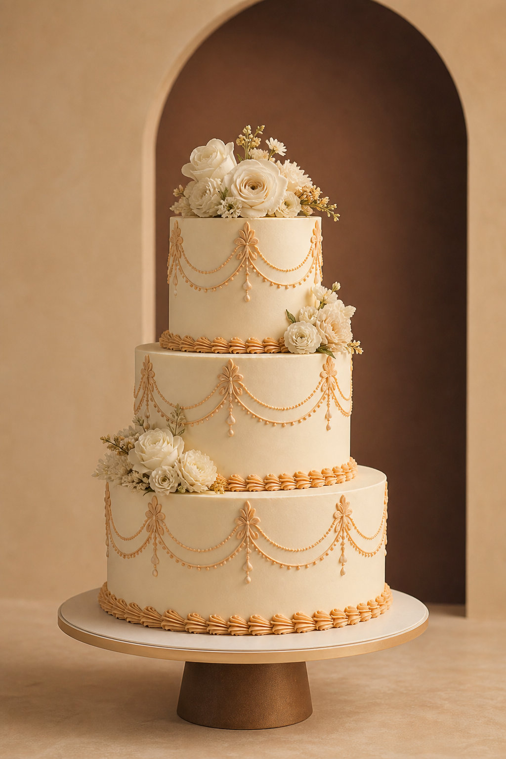 Gâteau de mariage élégant dans les tons ivoire et caramel